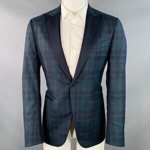 ISAIA Size 40 Green Navy Plaid Wool Peak Lapel Sport Coat